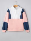 Colorblock Patchwork Half Button Baggy Sweatshirt