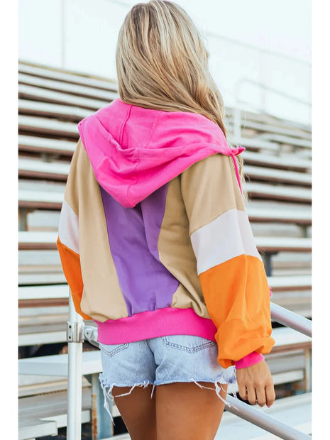 Women Drawstring Color Block Zip Up Long Sleeve Hoodie