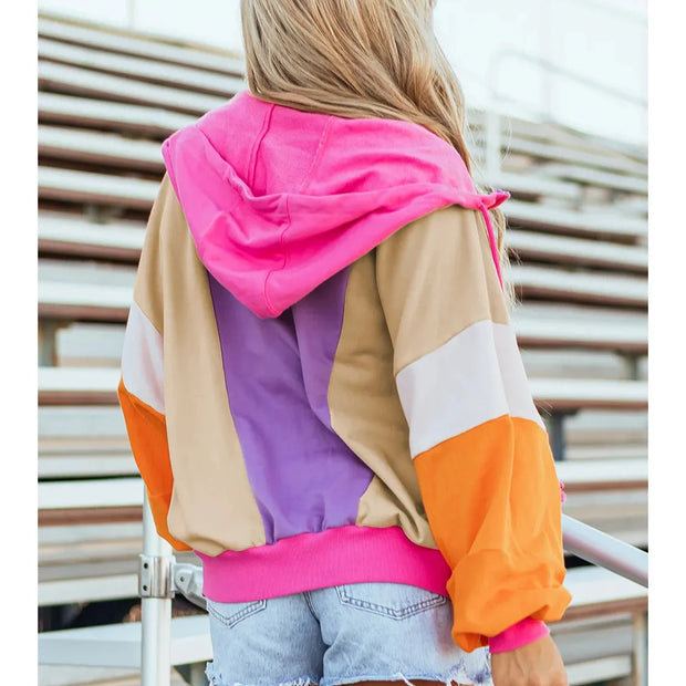 Women Drawstring Color Block Zip Up Long Sleeve Hoodie