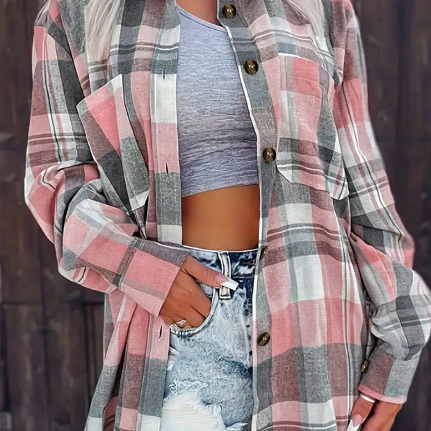 Women Pocketed Plaid Collared Neck Shacket