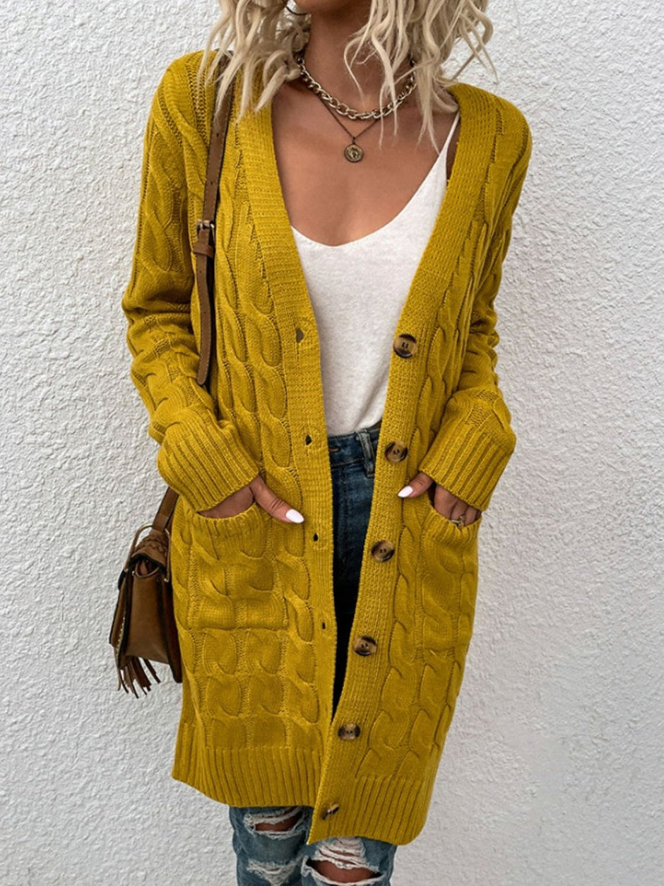 Women Cable-Knit Button Down Cardigan with Pockets