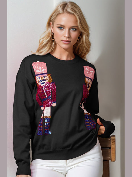Double Take Full Size Nutcracker Sequin Long Sleeve Sweater