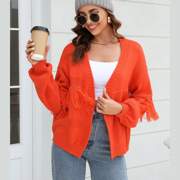 Women Double Take Fringe Trim Open Front Cardigan Sweater