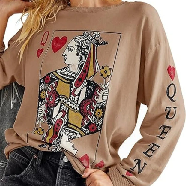 Queen of Hearts Playing Card Graphic Round Neck Sweatshirt