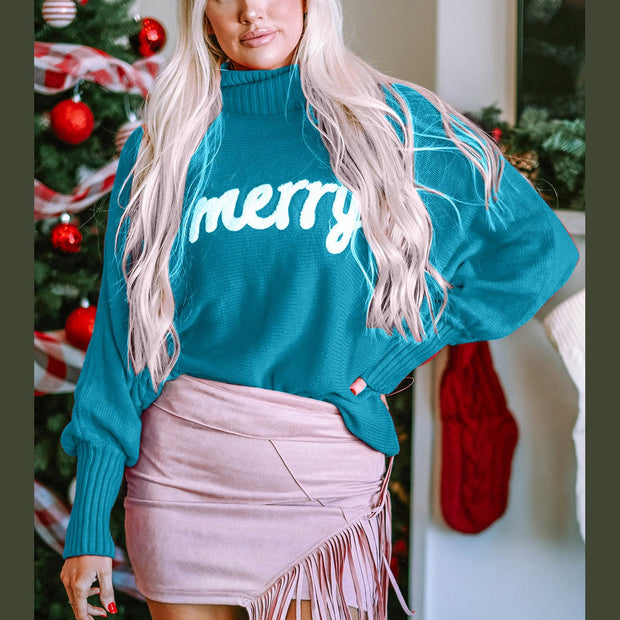 Double Take Full Size Merry Christmas Turtleneck Long Sleeve Sweater
