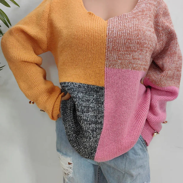 Color Block Decorative Button Long Sleeve Sweater