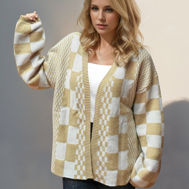 Women Double Take Checkered Open Front Dropped Shoulder Cardigan