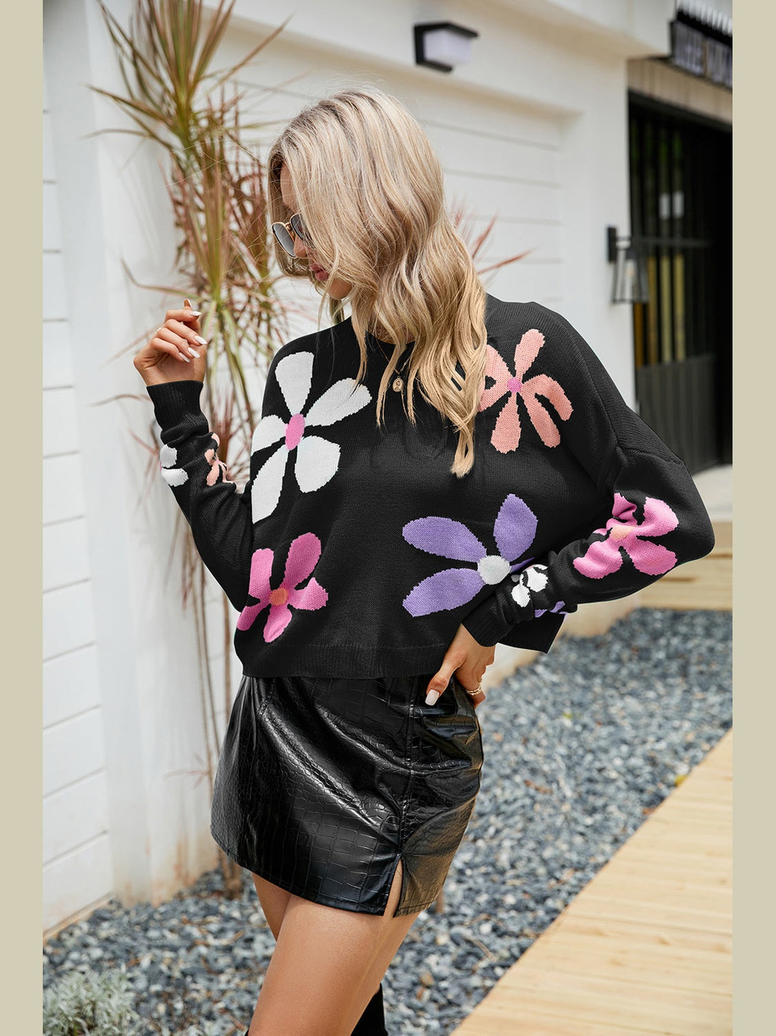 Flower Round Neck Drop Shoulder Sweater