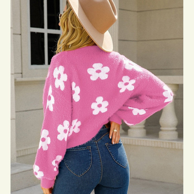Women Floral Open Front Fuzzy Cardigan Sweater