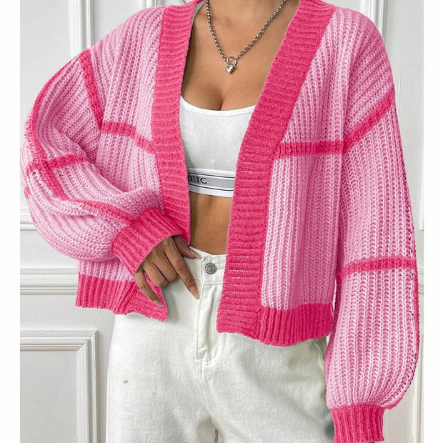 Women Contrast Open Front Long Sleeve Cardigan