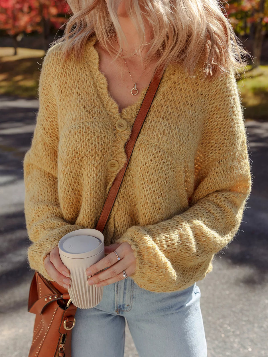 Women Lantern Sleeve Scallop V Neck Buttoned Front Cardigan Sweater