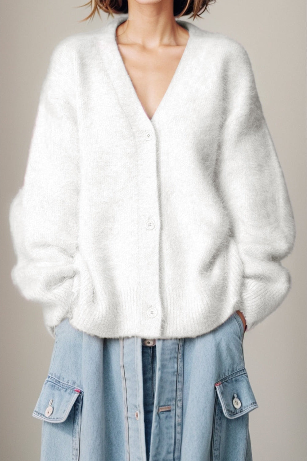 Women Button Up Dropped Shoulder Cardigan Sweaters