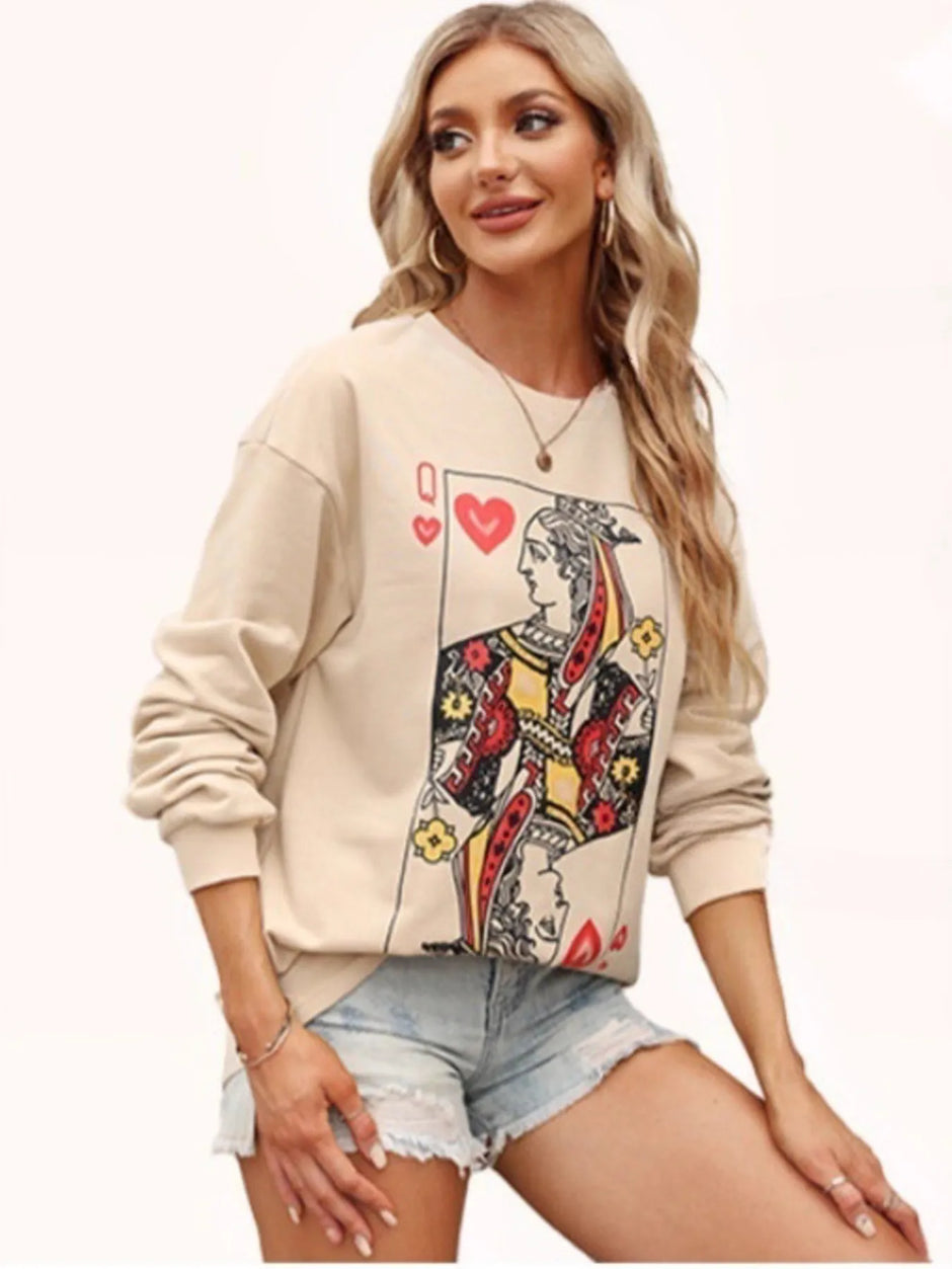 Queen of Hearts Playing Card Graphic Round Neck Sweatshirt