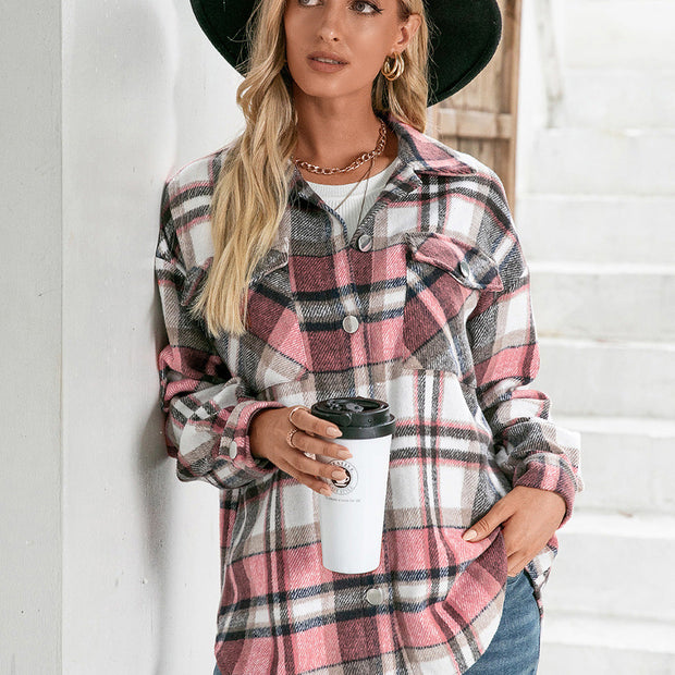 Women Ivy Lane Meet You Outside Plaid Button Down Curved Hem Shacket