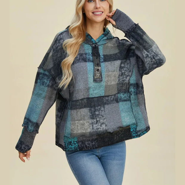 Double Take Full Size Plaid Dropped Shoulder Fleece Hoodie