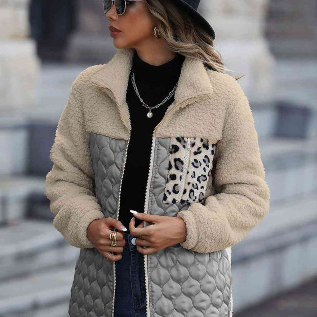 Women Leopard Color Block Zip-Up Jacket