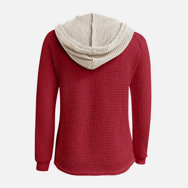 Full Size Waffle-Knit Contrast Long Sleeve Hoodie