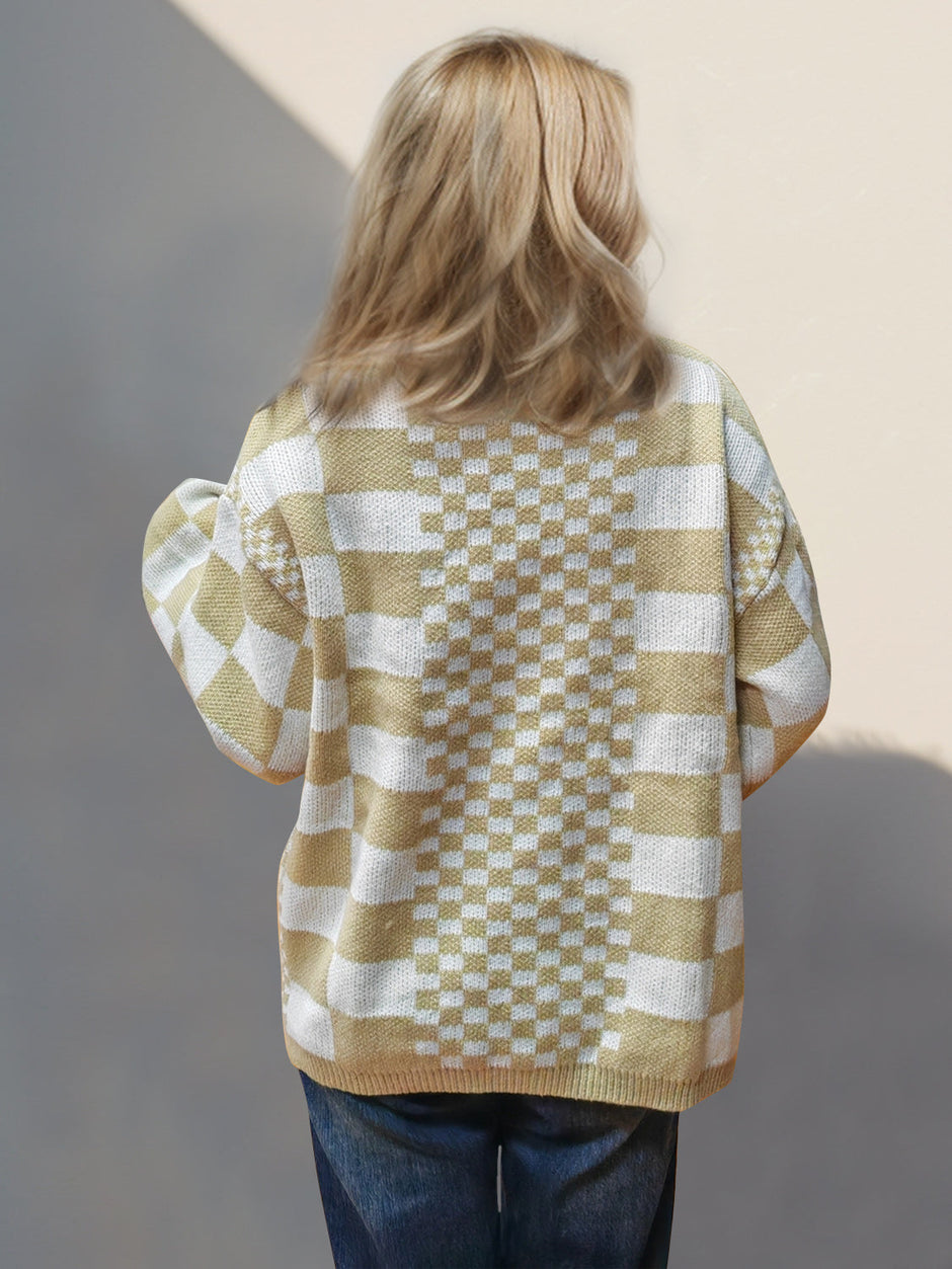 Women Double Take Checkered Open Front Dropped Shoulder Cardigan