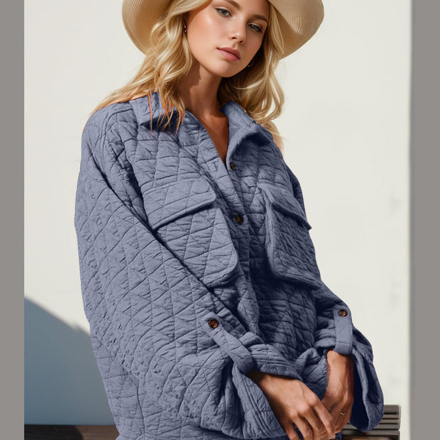 WomeNicholesGifts Women Double Take Button Up Quilted Shacket with Chest Pockets