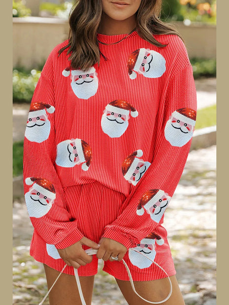 Sequin Santa Round Neck Long Sleeve Top and Shorts Set