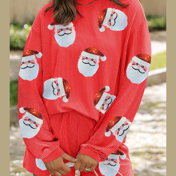 Sequin Santa Round Neck Long Sleeve Top and Shorts Set