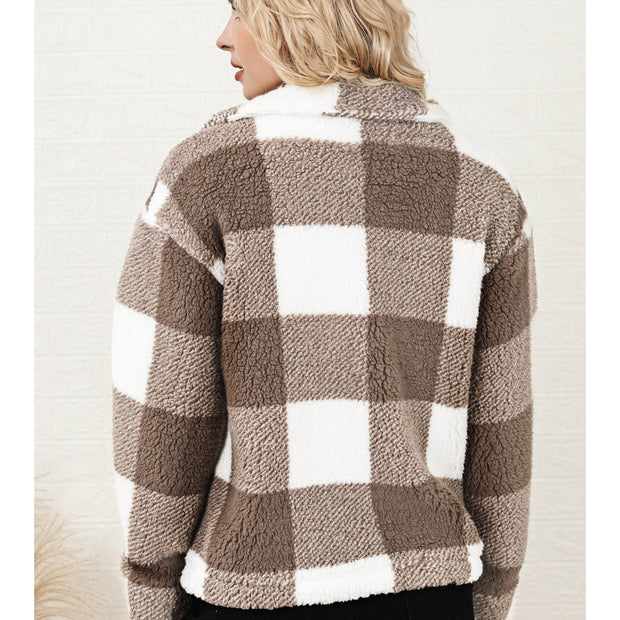 Plaid Collared Neck Drop Shoulder Jacket