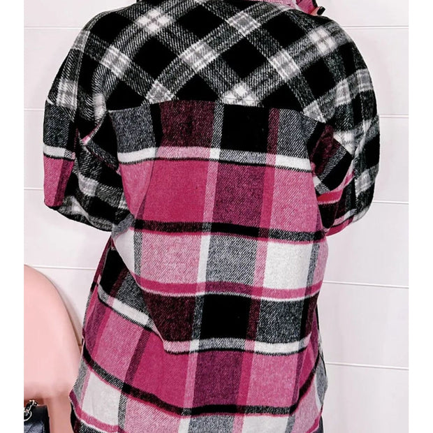 Women Pocketed Plaid Collared Neck Long Sleeve Shacket