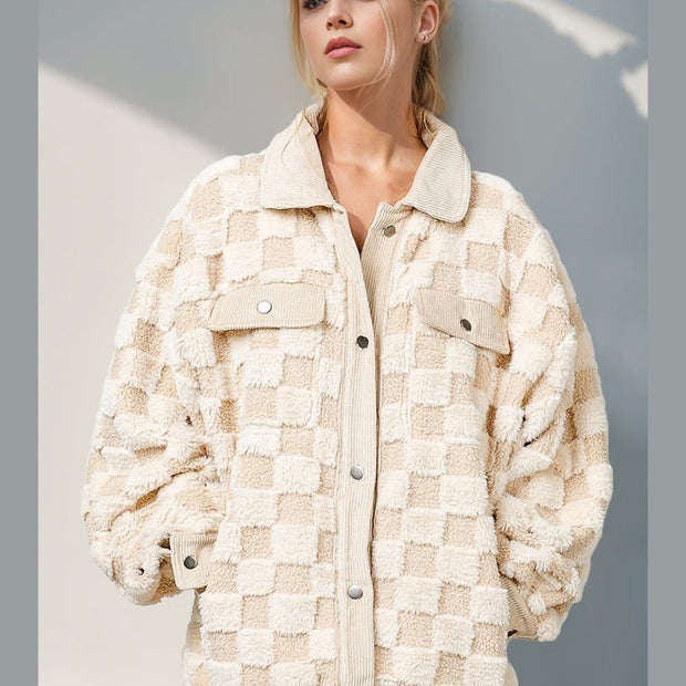 Women Women Double Take Button Up Fuzzy Checkered Shacket
