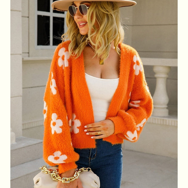 Women Floral Open Front Fuzzy Cardigan Sweater