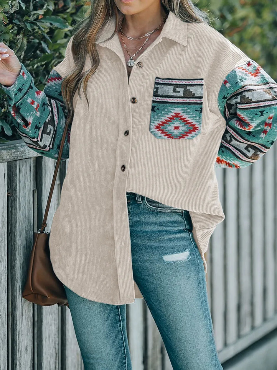 Women Perfee Pocketed Geometric Collared Neck Shacket