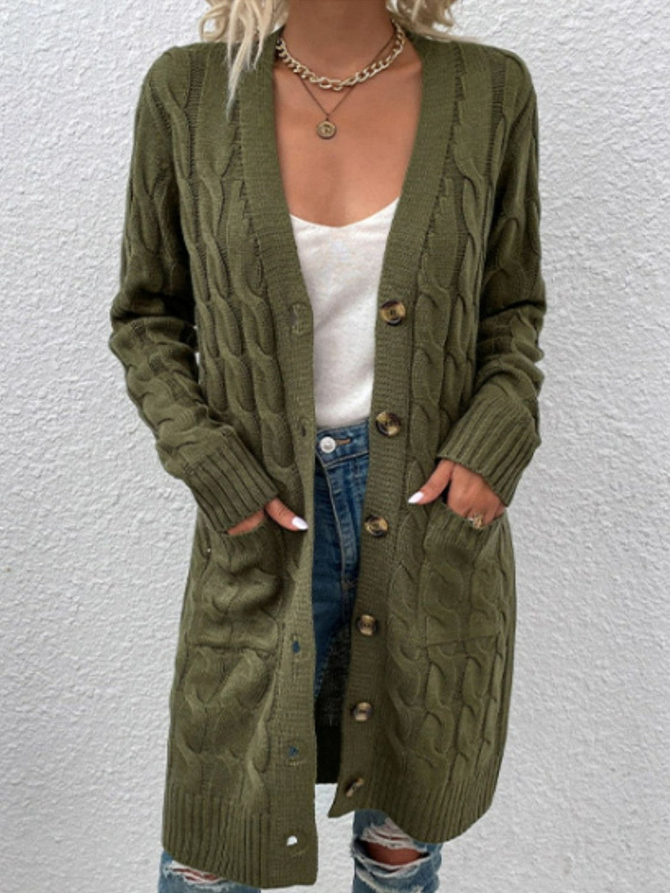 Women Cable-Knit Button Down Cardigan with Pockets