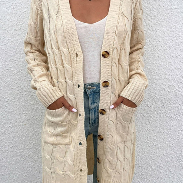 Women Cable-Knit Button Down Cardigan with Pockets