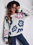 Flower Pattern Round Neck Long Sleeve Sweater
