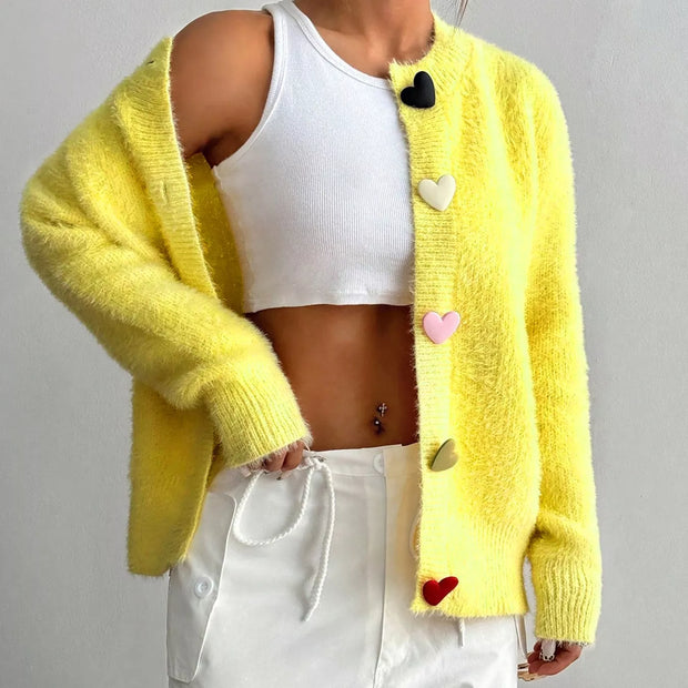 Women Heart Button Fuzzy Cardigan