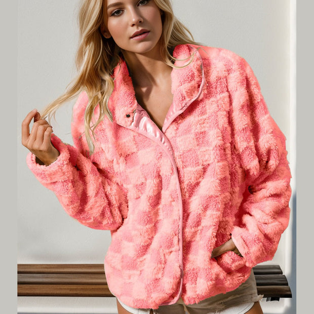 Women Double Take Checkered Long Sleeve Fuzzy Jacket