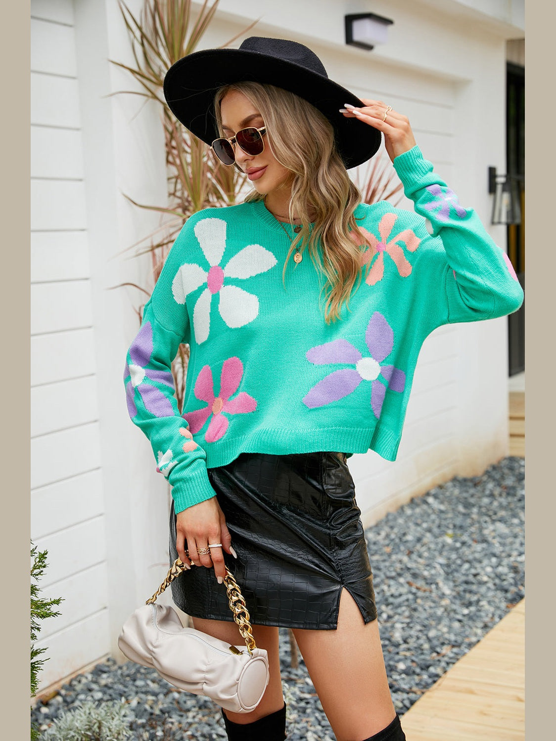 Flower Round Neck Drop Shoulder Sweater