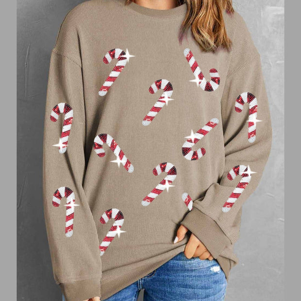 Women Sequin Candy Cane Round Neck Christmas Sweatshirt