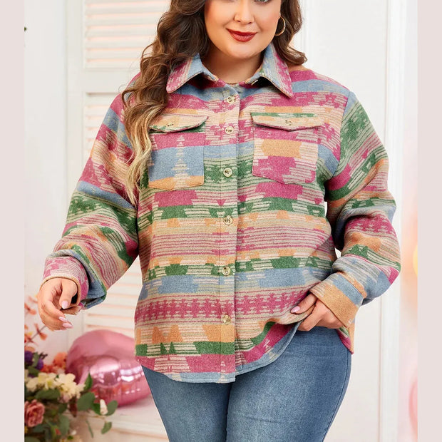 Plus Size Pocketed Printed Collared Neck Jacket