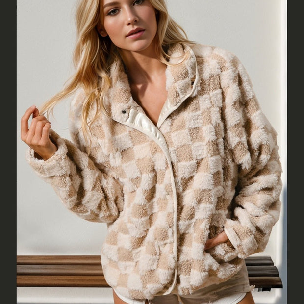 Women Double Take Checkered Long Sleeve Fuzzy Jacket