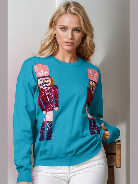 Double Take Full Size Nutcracker Sequin Long Sleeve Sweater