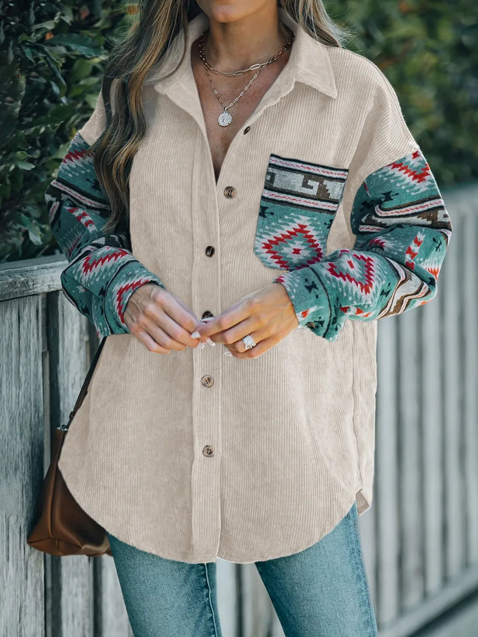 Women Perfee Pocketed Geometric Collared Neck Shacket