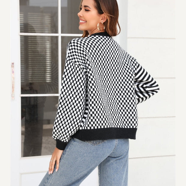 Women Button-Down Stripe & Plaid Contrast Pattern Cardigan Sweater