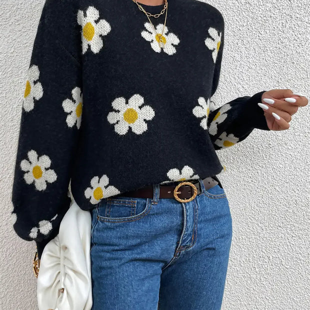 Flower Round Neck Latern Sleeve Sweater