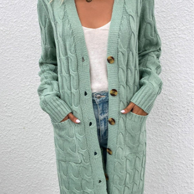 Women Cable-Knit Button Down Cardigan with Pockets