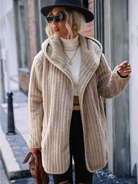Women Open Front Ribbed Hooded Coat