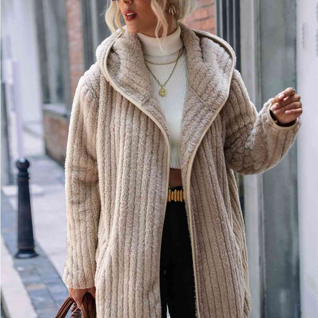 Women Open Front Ribbed Hooded Coat