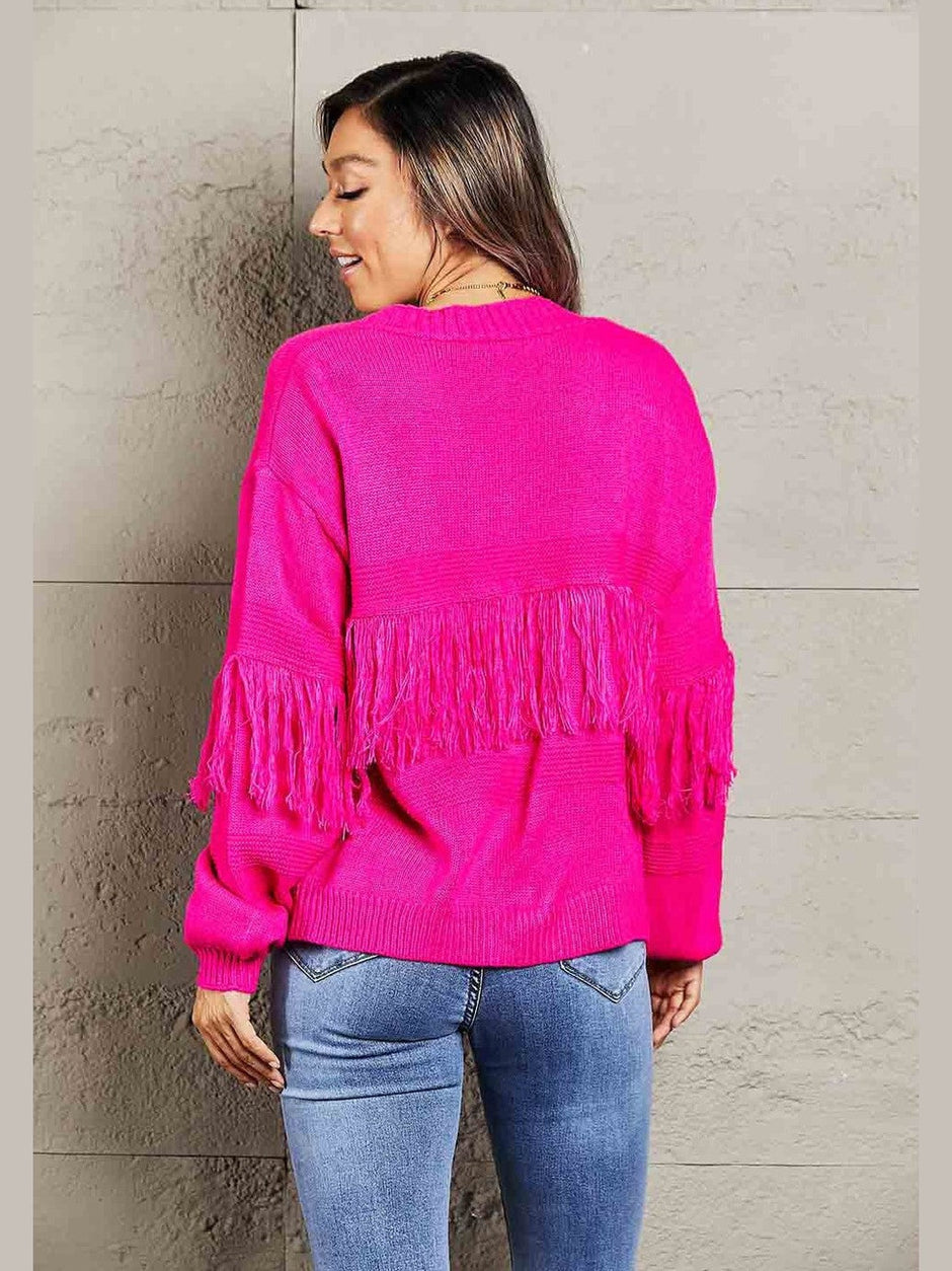 Women Double Take Fringe Trim Open Front Cardigan Sweater