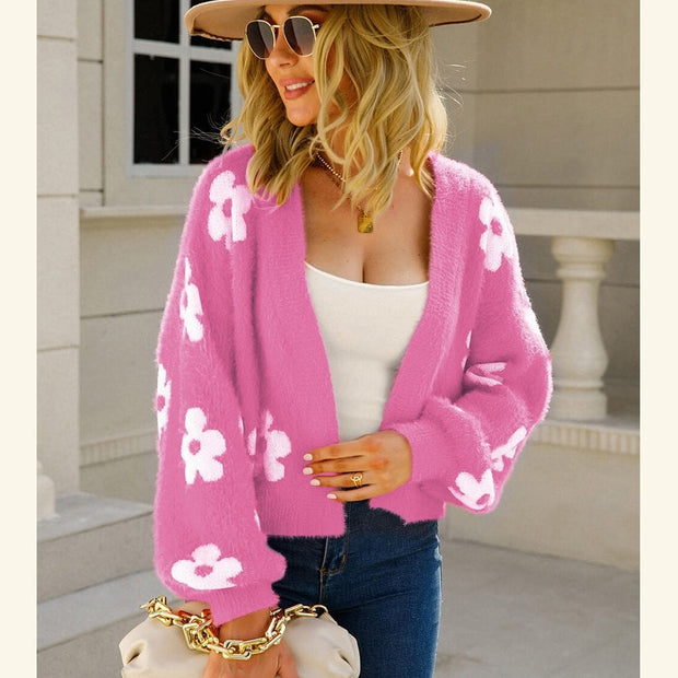 Women Floral Open Front Fuzzy Cardigan Sweater