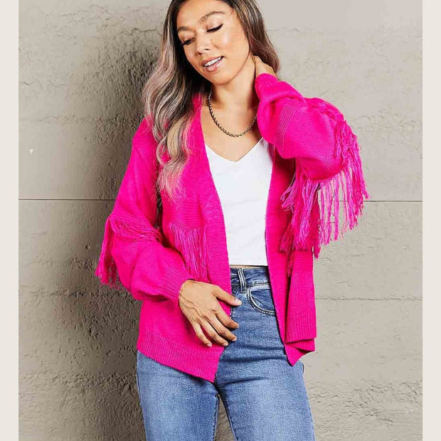Women Double Take Fringe Trim Open Front Cardigan Sweater