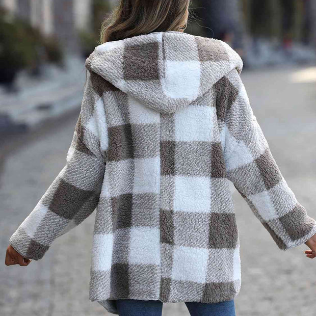 Women Plaid Open Front Hooded Coat
